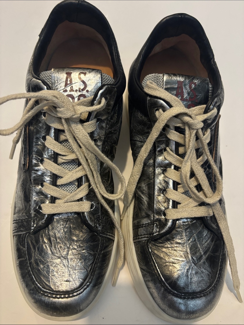 A.S.98 Men's Metallic Silver-Black Leather Sneakers with Cream Laces